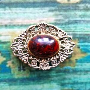 Vintage brooch Victorian Revival broach pin amber color gold tone